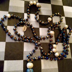 ZACASHA Peackock Rainbow Beads + Pearl Knotted Tassel Pendant 38" Necklace